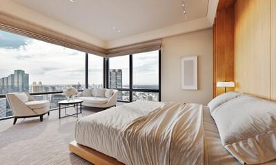 Modern and luxurious bedroom with white ceiling and wood accents with views of tall building and...