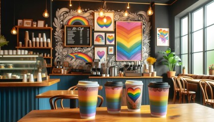 A coffee shop interior featuring rainbow-colored coffee cups