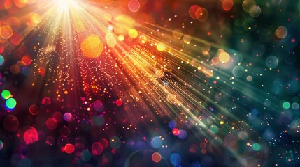 Fototapeta premium Vibrant abstract sunburst with radiant lens flares and optical rays on a dark background, showcasing a kaleidoscope of colors, perfect for screen mode usage.