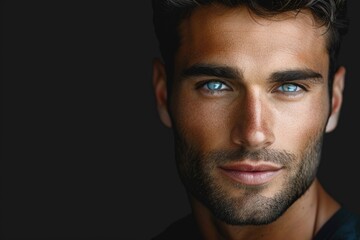 Obraz premium A close-up view of a person's face with bright blue eyes