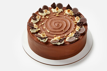 Elegant honey chocolate cake with whipped cream and hazelnuts