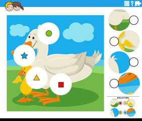match the pieces game with cartoon duck and duckling farm birds