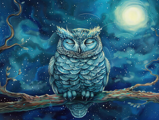 An owl perched on a branch, wings folded in a meditative pose, with a starry night sky background. digital illustration