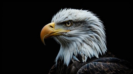 Obraz premium A close-up shot of a bald eagle perched against a dark backdrop, highlighting its majestic features