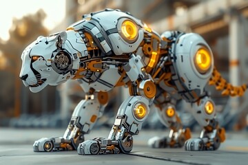 Fototapeta premium Futuristic robotic cheetah with glowing eyes in an industrial setting.