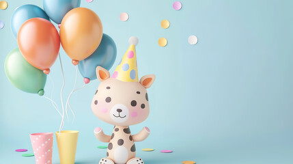 cute animal with balloons for birthday card design, empty copy space