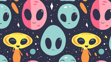 cute cartoon illustrations, seamless repeating patten, alien faces