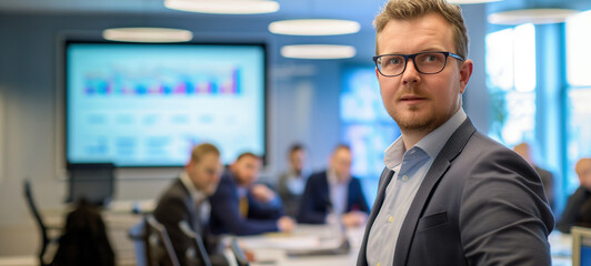 Confident businessman looking at the camera during a corporate meeting in a modern office with colleagues discussing data on a screen, perfect for business and teamwork concepts.