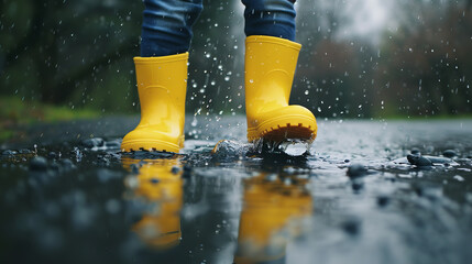 Feet of child in yellow rubber boots jumping over puddle in rain