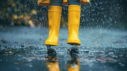 Feet of child in yellow rubber boots jumping over puddle in rain