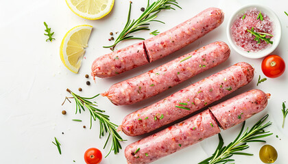 Fresh raw sausages isolated on white, top view