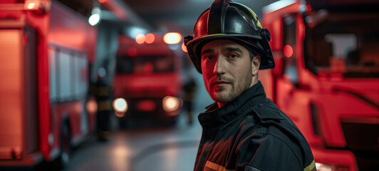 Brave firefighter in uniform standing confidently in front of fire trucks with red emergency lights, showcasing dedication and readiness for action in a rescue mission.