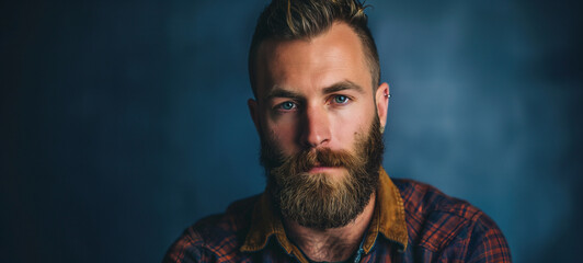 Portrait of a bearded man with stylish hair and blue eyes, wearing a plaid shirt, against a dark blue background, showcasing modern masculinity and rugged style