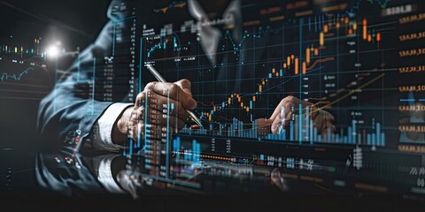 a image of a man in a suit pointing at a screen with a stock chart