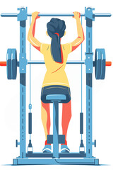 Fototapeta premium A woman is lifting weights on a machine. The machine is blue and has a silver handle. The woman is wearing a yellow shirt and black shorts