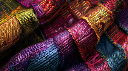 A colorful piece of fabric with many different colors and textures. The colors are bright and vibrant, creating a lively and energetic mood. The fabric appears to be made of yarn