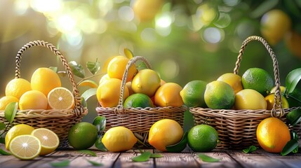 a picturesque citrus grove with baskets of ripe lemons and limes ready to be juiced into a refreshing citrus blend.