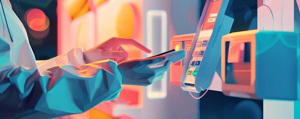A person using a smartphone to make a contactless payment at a terminal in a colorful, modern setting. Technology and convenience.