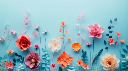 Fototapeta premium Vibrant, delicate, handcrafted paper flowers in varied colors and shapes against a serene light blue background, with ample space for text or design elements.