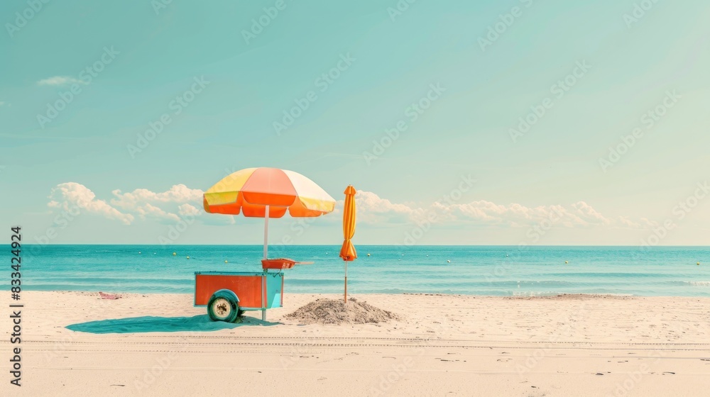 Wall mural A serene sun-kissed beach scene with colorful inflatables, a partially buried beach umbrella, and a refreshing ice cream cart, evoking joyful summer vibes.