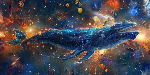 Cosmic Whale with Bitcoin in Space