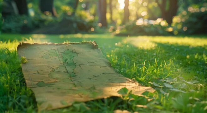 An old, weathered map resting on the lush grass, bathed in the warm sunlight filtering through a dense forest canopy.