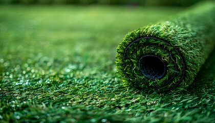 Green artificial turf rolled. Probes examples of artificial turf, floor coverings for playgrounds