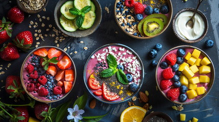 Healthy Breakfast Flatlay: Smoothie Bowls and Vibrant Fresh Fruits on neutral dark surface, horizontal orientation