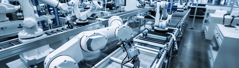 Automated robotic arms in a modern industrial production line for efficient and precise manufacturing processes in a factory setting.