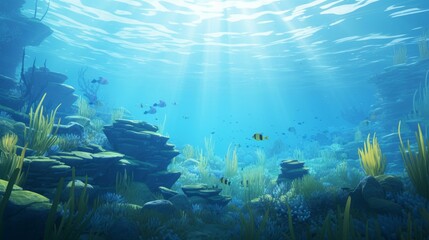 Dive into a whimsical underwater world with vibrant marine life, exotic fish, and coral reefs in this highresolution illustration.