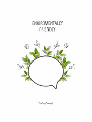 Cartoon sketch of speach bubble and leaves . Illustration of Environmentally friendly planet. Sign of green energy. Think Green. Protect the World