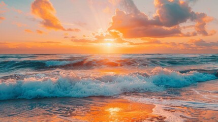 Vibrant orange and pink hues illuminate the serene ocean waves as the sun sets behind the surf, creating a breathtaking coastal landscape scenery backdrop.