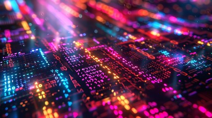 Close-up of a vibrant, illuminated circuit board. Colorful electronic components representing technology and digital innovation.