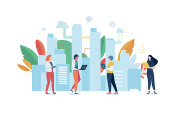 Fototapeta premium Urban cityscape with people and technology icons. Cloud system concept
