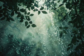 A waterfall surrounded by lush green leaves