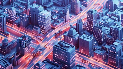 Fototapeta premium Futuristic cityscape with vibrant neon lights, highlighting busy roads and modern buildings, captured from an aerial perspective at night.