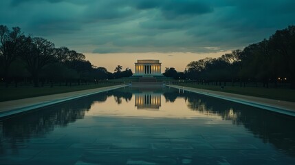 Obraz premium Majestic lincoln memorial's marble columns and stairs reflect perfectly in the still waters of the large rectangular reflecting pool at dusk in washington dc.