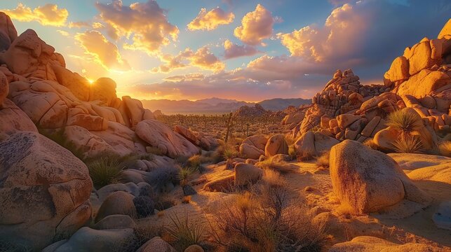 Golden hour illuminates the rugged, boulder-strewn landscape of joshua tree national park, mojave desert, california, as ancient rocks stand sentinel against a vibrant sunset sky.