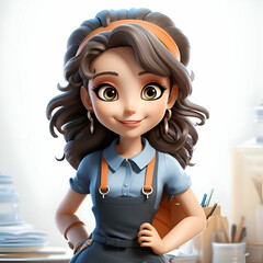3D Illustration of a Cute Little Girl in an Apron