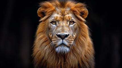 Fototapeta premium Close-up portrait of a majestic lion with a lush mane, looking intently into the distance.