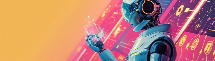 Futuristic robot studies data hologram, showcasing AI technology, innovation, and digital advancements in a vibrant sci-fi setting.