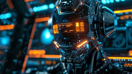 Futuristic robot with glowing digital interface in a high-tech environment, representing advanced AI and robotics technology.