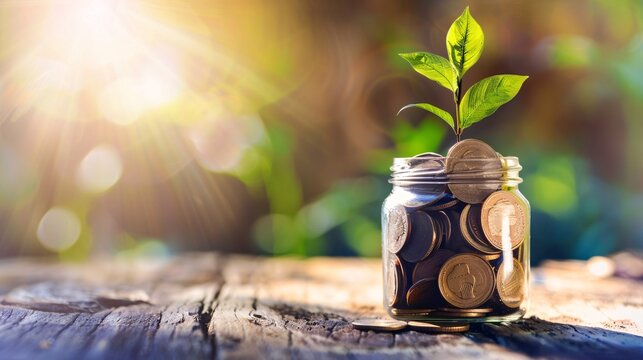 A glass jar filled with coins has a plant growing out of it, highlighting the importance of saving money