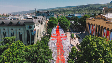 Independence Day in Georgia in may 26, Rustaveli Aveniu and Ribbons in the colors of the flag in front of the Parliament