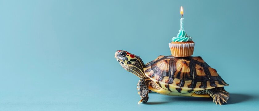 Happy Birthday, New Year's eve, sylvester or other festive celebration, funny animals card - Turtle, greek tortoise with cupcake with candle on the back, isolated on blue background