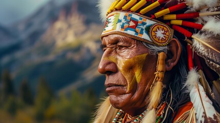 ancient native american chief wearing tribal dress