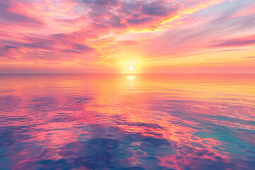 Obraz premium A colorful sunrise painting the sky with hues of pink, orange, and gold, reflected in the calm waters of a tranquil lake.