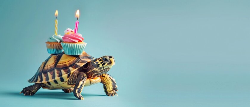 Happy Birthday, New Year's eve, sylvester or other festive celebration, funny animals card - Turtle, greek tortoise with cupcake with candle on the back, isolated on blue background