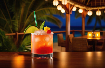 Mai Tai cocktail in a Hawaiian restaurant at night with an open view of palm trees and sea and glowing garlands and lanterns