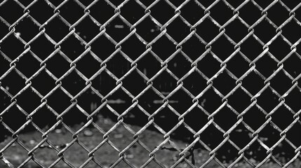 A close-up shot of a chain link fence in black and white